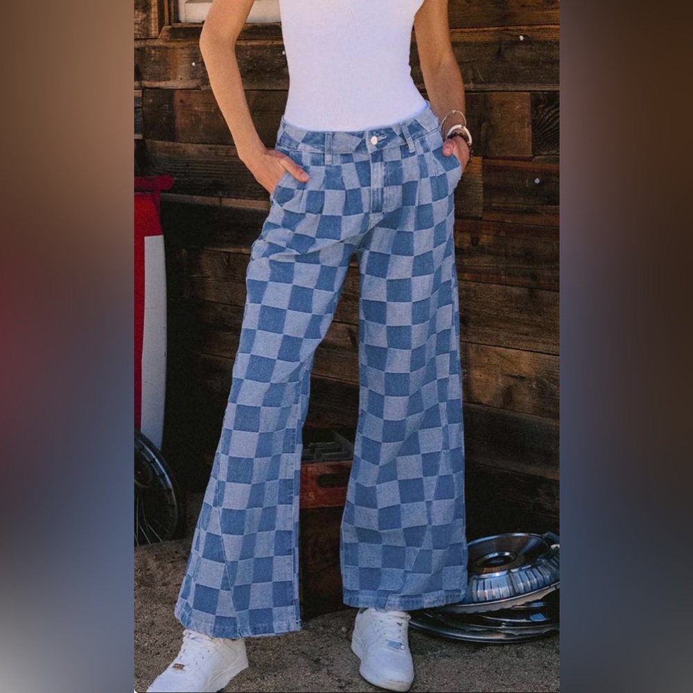 Blue Checkered Wide-Leg Jeans
